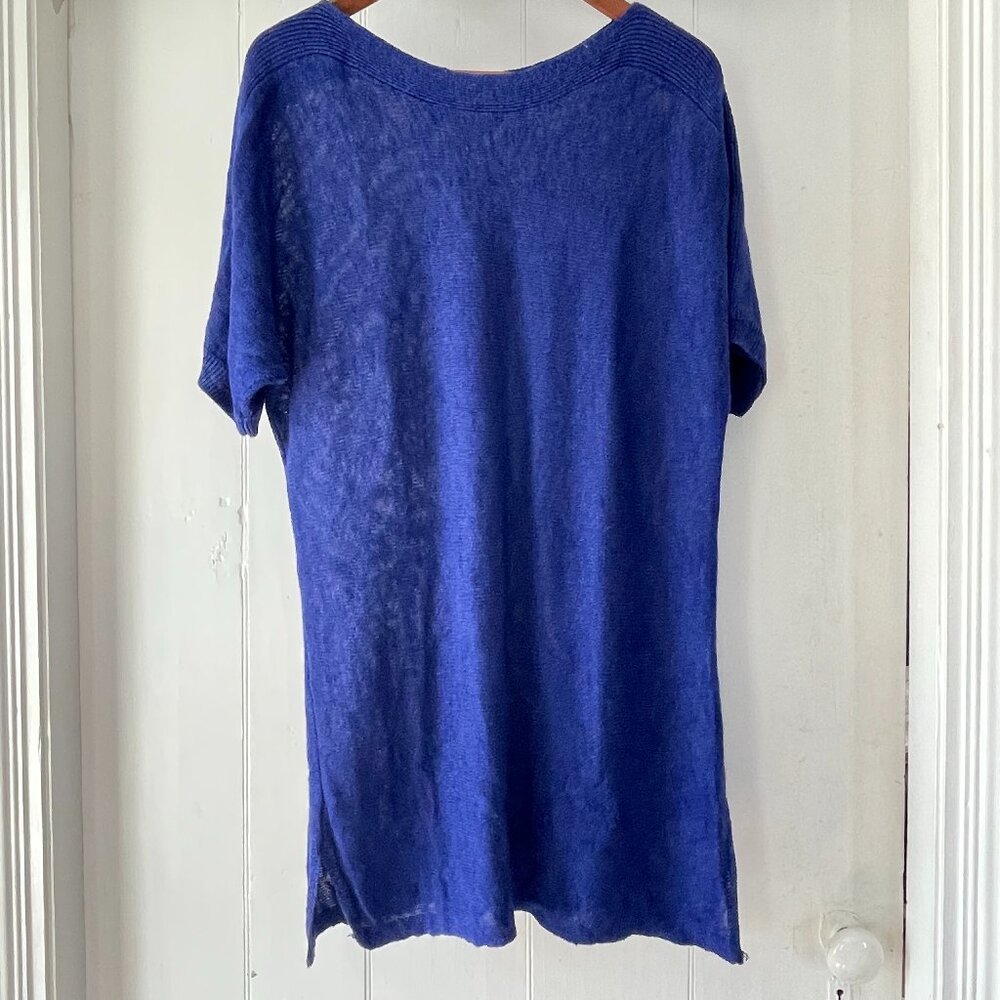 Chicos Easywear Womens Blue Open Knit Tunic Short Sleeve Cover Top Size 2 Large